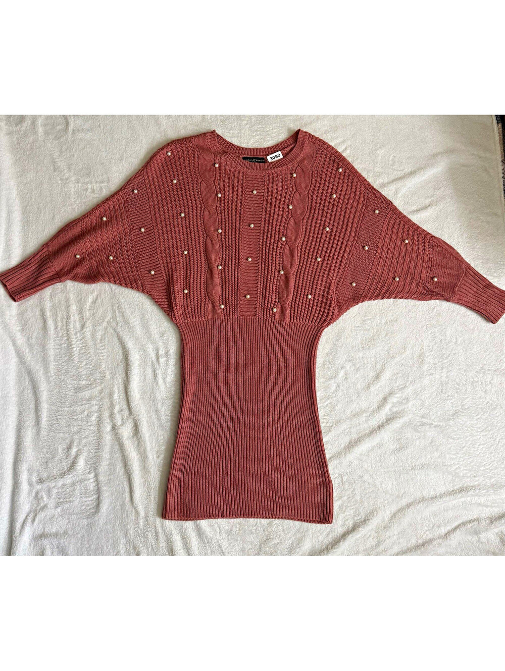 Almost Famous Pink Cable-Knit Crew Neck Pearl Sweater Dress Dolman Sleeve L